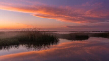 Beautiful reflection of the morning sun's orange and blue sky over the calm lake or river wetland landscape at sunrise and sunset