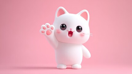 Cute 3D cartoon white cat waving on pink background