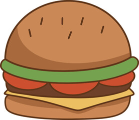 A simple cartoon hamburger with cheese and lettuce.