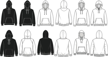 Set of black and white hoodie mockup templates showing front and back views