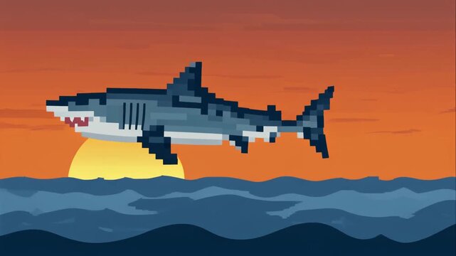 Pixel art shark jumping out of ocean waves at sunset.