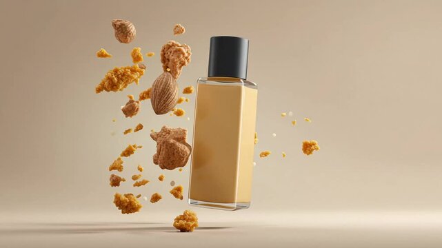 Luxury perfume bottle with a black cap, surrounded by airborne crushed nuts and almond pieces, evoking natural scents and rich fragrance