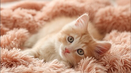 Adorable fluffy kitten resting on a soft pink blanket