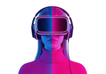 Woman wearing vr headset with split neon lighting, isolated on transparent background