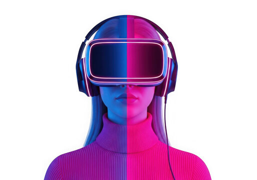 Woman wearing vr headset with split neon lighting, isolated on transparent background - Powered by Adobe