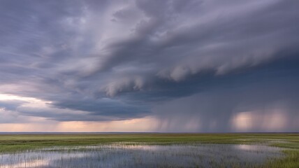 Storm clouds gather over the rural field and wetland grass landscape at sunset