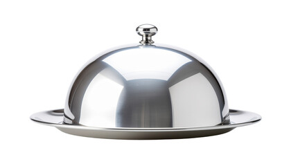 Obraz premium Polished Silver Serving Cloche Isolated on a White Background for hotel assistance and restaurant food serving