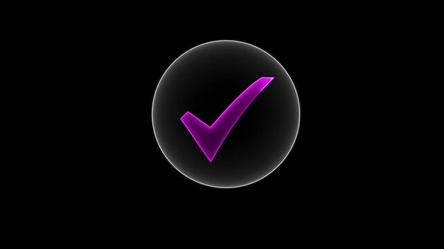 Glowing neon light tick mark icon animation on black background. True sign in neon style. check mark button. neon success, approved, yes icon signs animation.