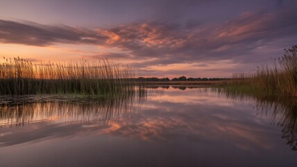 Obraz premium Beautiful orange and blue summer sunset landscape with reflections over a calm lake or river, framed by trees and clouds wetland