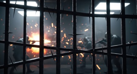 Obraz premium Intense firefight unfolds behind sharp metal prison bars in a dimly lit interior space