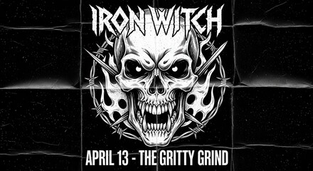 Monochromatic heavy music concert announcement featuring an aggressive skull illustration and distressed background texture