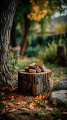 Firewood stacked on tree stump in autumn garden