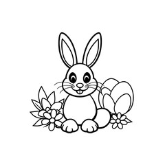 A cute cartoon rabbit sitting among flowers and an Easter egg, presented as a black and white outline drawing perfect for coloring.
