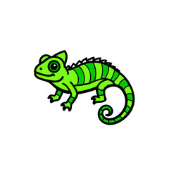 A cute cartoon illustration of a bright green chameleon with darker green stripes and a curled tail.