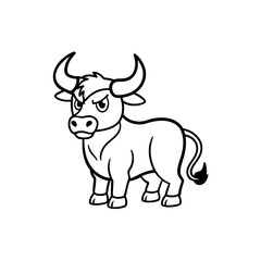 A cartoon illustration of a fierce-looking bull with sharp horns and a muscular build.