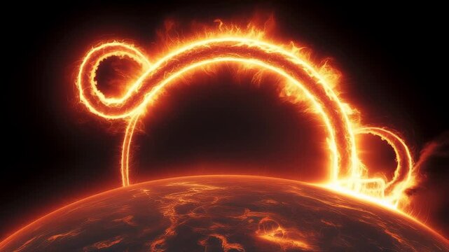 Glowing fiery infinity symbol on dark background with fiery planet surface fire 4K Ai HD high quality video.
