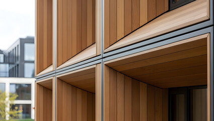 Modern Architecture with Natural Wood Siding and Geometric Design Sustainable timber construction facade detail