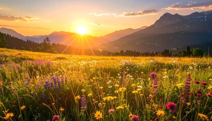 Golden hour illuminates a vibrant meadow and majestic mountain range