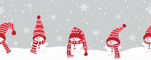 Baby Snowmen Have Fun in Winter Holidays. Seamless Border. Christmas Background. Cute Snowmen in Red Winter Hats, Scarves under Snow. Greeting Card Template. Vector on Gray Background