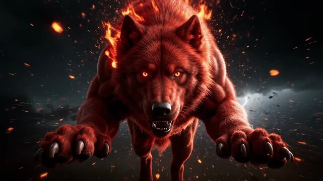 Furious fire wolf running with glowing eyes and flying sparks in a dark stormy night