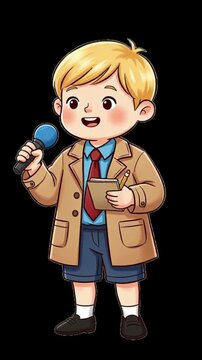 Cute cartoon little kid smiling while holding a microphone