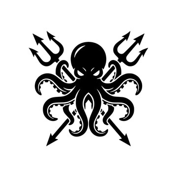 Angry octopus logo icon with trident weapons black silhouette.