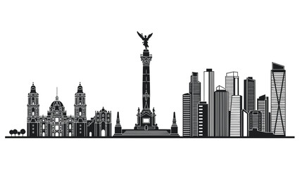 Dynamic vector silhouette of Mexico City's iconic urban cityscape, showcasing its famous landmarks and modern buildings within a distinct black and white city skyline illustration