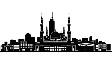 Illustrative city skyline silhouette of the Grand Mosque in Mecca, Saudi Arabia, featuring iconic Islamic architecture and skyscrapers