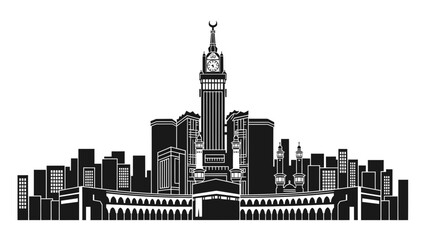 Black and white city skyline silhouette of the iconic buildings of Mecca, Saudi Arabia, featuring prominent towers and structures