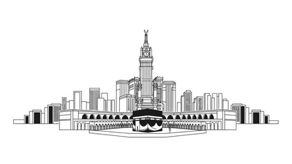 Obraz premium Striking city skyline of Mecca, Saudi Arabia, featuring the iconic Kaaba and modern architecture, a serene depiction