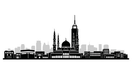 Dynamic and captivating black city skyline silhouette, showcasing a unique architectural blend of a traditional mosque and impressive modern high-rise buildings