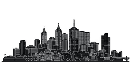 Naklejka premium Detailed vector illustration of a modern city skyline, showcasing diverse architectural structures and urban development. A sleek graphic representation of metropolitan life and iconic urban landscape