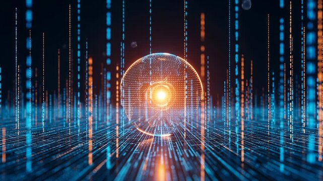 Futuristic digital sphere glowing with data streams in a high tech virtual environment with blue 4K Ai HD high quality video.
