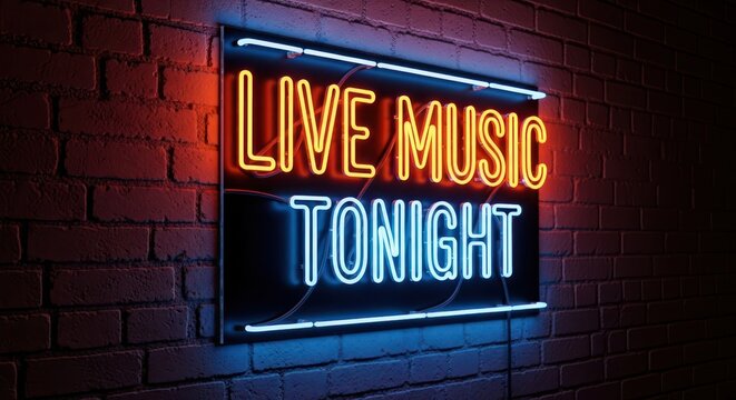 Vibrant live music tonight neon sign illuminates a rustic brick wall backdrop