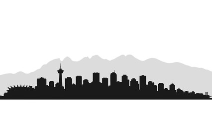 Generic city skyline vector silhouette, featuring modern architecture and a prominent tower. Represents urban life, growth, and development against a majestic mountain backdrop