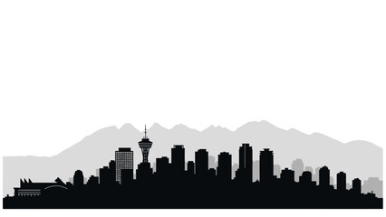 A stunning silhouette of a vibrant city skyline at dusk, with majestic mountains in the background, evoking a sense of urban beauty and natural grandeur