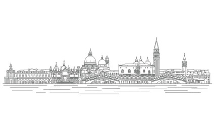 Iconic city skyline illustration of Venice, Italy, featuring famous landmarks and architecture