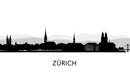 Iconic city skyline silhouette of Zurich, Switzerland, showcasing its architectural landmarks against a mountainous backdrop