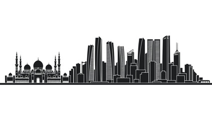 Panoramic vector illustration of a modern metropolis city skyline featuring iconic architectural landmarks and contemporary skyscrapers against a clean white background