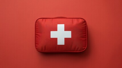 Obraz premium Red First Aid Kit with White Cross on Red Background