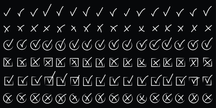 Grunge crayons drawn tick and cross symbols set. Chalk stroke green and red handwriting checkbox wrong right choice marks with rough texture vector graphic