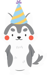 Cute Husky Dog with Party Hat Character Illustration
