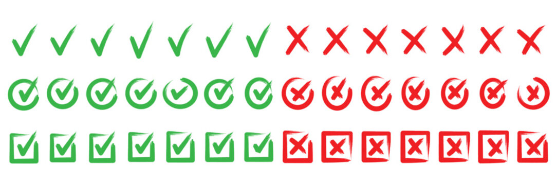 Grunge crayons drawn tick and cross symbols set. Chalk stroke green and red handwriting checkbox wrong right choice marks with rough texture vector graphic