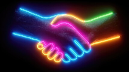 Neon handshake illustration with glowing outline representing partnership, collaboration, agreement, and team business visuals in electric colors