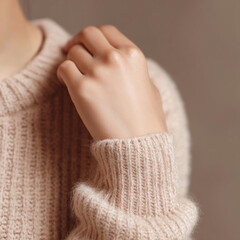 포근한 니트 소매와 손의 미니멀 클로즈업