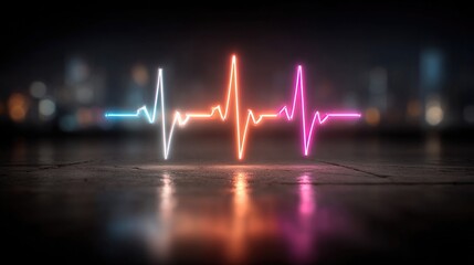 Neon heartbeat monitor glowing with electric pulse lines, stylized ECG or EKG screen in bright neon for digital health or medical UI design