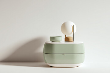 A stylish bedside table in soft green features a minimalist lamp and a decorative vase with flowers. It creates a calm atmosphere in a well-lit room.