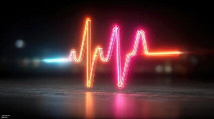 Neon heartbeat monitor glowing with electric pulse lines, stylized ECG or EKG screen in bright neon for digital health or medical UI design