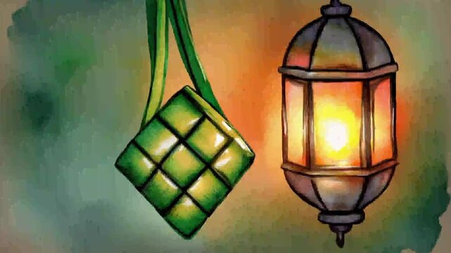 Artistic watercolor illustration portraying a traditional woven rice package alongside a radiant glowing lantern, evoking the warm spirit of cultural celebrations and festive holidays