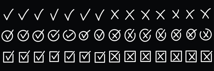Print Check tick mark icon set. Cross box x check mark checkbox v list vector draw hand drawn sketch doodle brush marker checklist symbol wrong right circle. Green checkmark marker icon. brush marker  © Hike studio 333